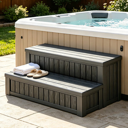 36.6 Inch Non-Slip Hot Tub Steps with 32 Gallon Storage, Outdoor Spa Stairs for Pool, RV & Deck, Black