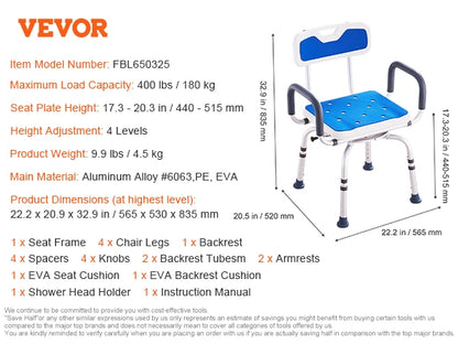 360° Swivel Shower Chair – Height Adjustable Bath Seat with Armrests, Backrest & Non-Slip Feet for Seniors
