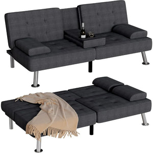 Convertible Futon Sofa Bed – Adjustable Reclining Sleeper Couch with Removable Armrests & Dual Cup Holders for Living Room