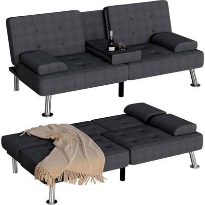Convertible Futon Sofa Bed – Adjustable Reclining Sleeper Couch with Removable Armrests & Dual Cup Holders for Living Room