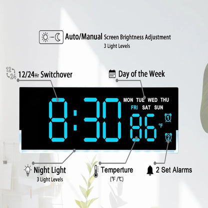LED Digital Alarm Clock with Bottom Glow Light, Date, Day & Temperature Display, Dual Alarms, DST, 3-Level Brightness – Blue