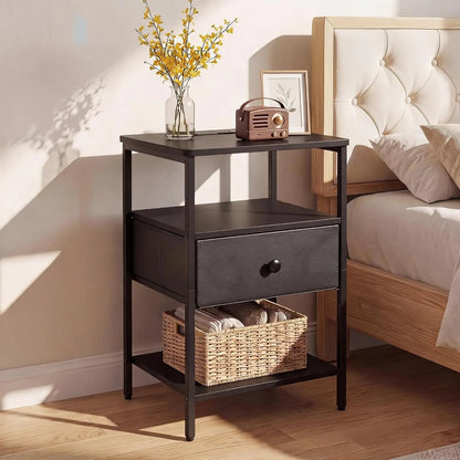 **Recommended Google Shopping Title:**

3-Tier Nightstand with Charging Station & Fabric Drawer, Steel Frame Bedside Table with Open Storage Shelves for Bedroom & Living Room