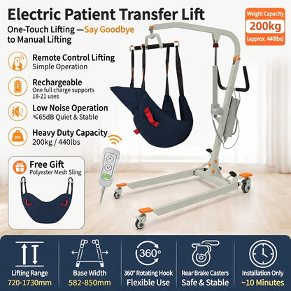 Electric Patient Lift with Sling – 400 lbs Capacity, Adjustable Base & Rechargeable Power