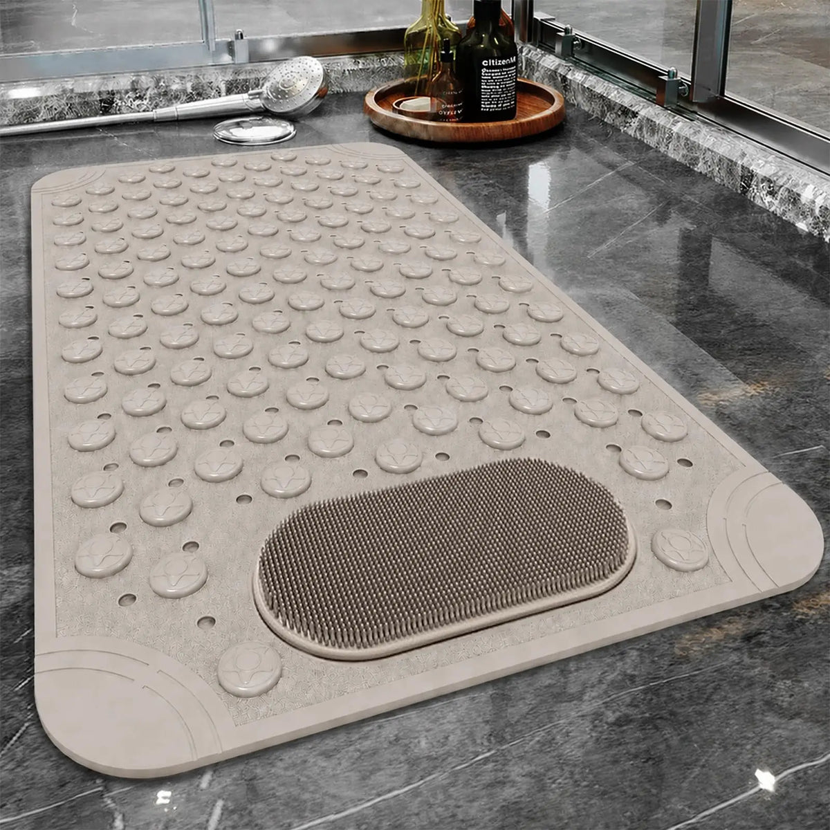 Non-Slip Bathtub & Shower Mat 27.5x15.7 Inch, Beige Foot Scrubber Bath Mat with Suction Cups & Drain Holes, Machine Washable