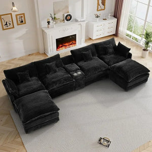 145-Inch Oversized U-Shaped Cloud Sectional Sofa – Plush Corduroy Deep Seat Modular Couch for Living Room, Jet Black