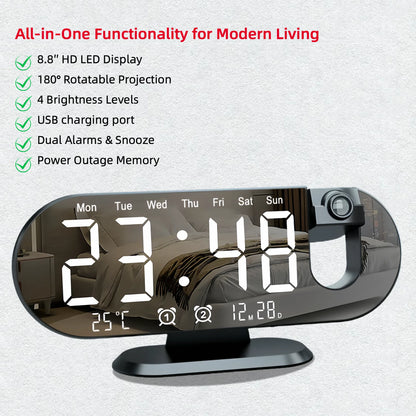 180° Rotating LED Projection Alarm Clock with Large Display, Dual Alarms, Dimmer, Ceiling Projector & USB Charging