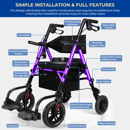 2-in-1 Lightweight Rollator Walker & Transport Chair for Seniors – Foldable, Adjustable Seat & Handles, 300 lb Capacity