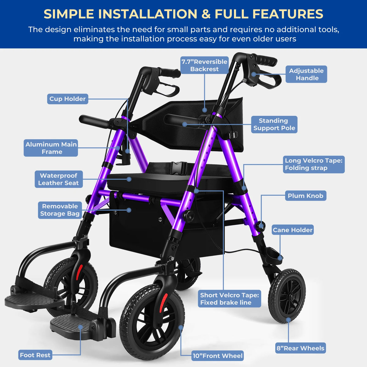 2-in-1 Rollator Walker & Transport Wheelchair – Lightweight Foldable Mobility Chair with Brakes, 300 lbs Capacity
