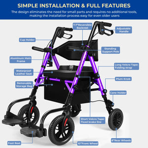 2-in-1 Rollator Walker & Transport Wheelchair – Lightweight Foldable Mobility Chair with Brakes, 300 lbs Capacity