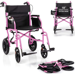 Ultra-Lightweight Foldable Transport Wheelchair – Extra-Wide Seat, Handbrakes & 12" Rear Wheels