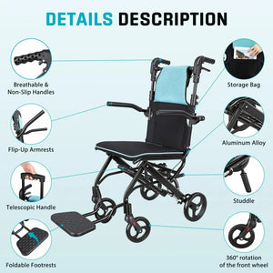 Lightweight Foldable Transport Wheelchair – Aluminum Alloy Travel Chair with Telescopic Handle, 260 lbs Capacity