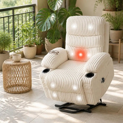 Modern White Massage Recliner Chair with Heat, Swivel Rocking Single Sofa with Manual Reclining for Living Room