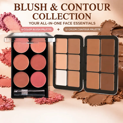 6-Color Blush & 12-Shade Cream Contour Palette Set with Bronzer & Highlighter, Long-Lasting & Blendable