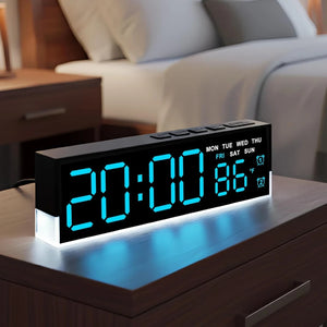 LED Digital Alarm Clock with Bottom Glow Light, Date, Day & Temperature Display, Dual Alarms, DST, 3-Level Brightness – Blue