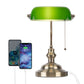 Green Glass Bankers Desk Lamp with 2 USB Ports, Pull Chain Switch and Brass Base