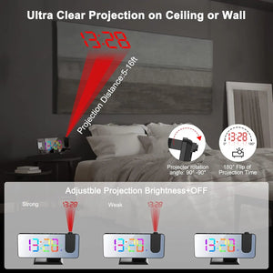 LED Projection Alarm Clock with Mirror Display, 180° Rotatable Projector, Dual Alarms, Snooze & Auto Dimming for Bedroom