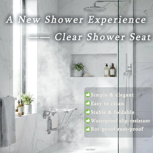 Wall-Mounted Folding Shower Seat – Heavy-Duty Acrylic Fold-Down Bath Bench with Stainless Steel Bracket, 350 lb Capacity, Transparent