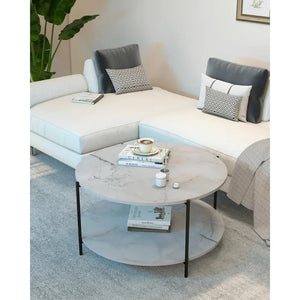 2-Tier Round Coffee Table with Storage Shelf, Marble-Style Wood Center Table for Living Room & Bedroom