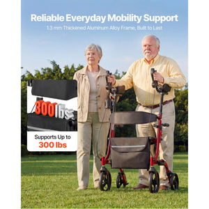 Foldable Rollator Walker with Seat for Seniors, 300 lb Capacity, Lightweight Aluminum Frame, Adjustable Handles, Cup & Cane Holder, Storage Bag