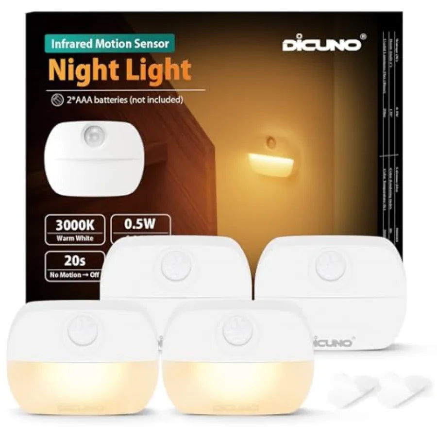 Motion Sensor LED Night Light, Battery Operated, Stick-On, Dusk-to-Dawn Sensor, 3000K Warm White, 20 Lumens, 0.5W