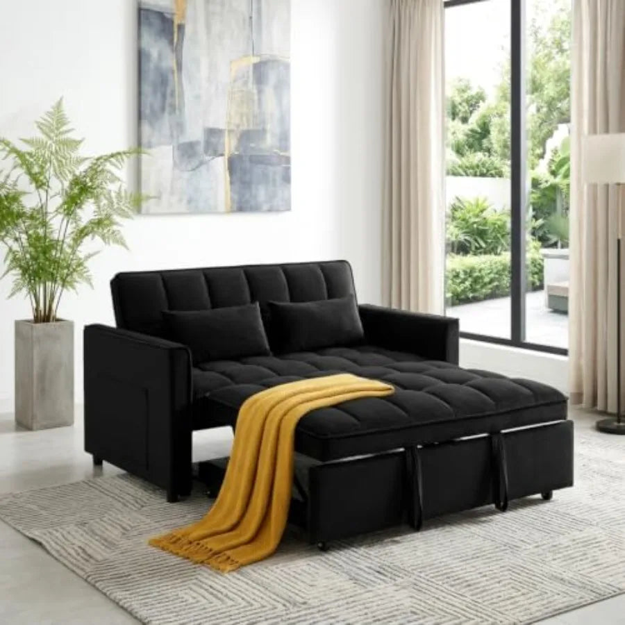 54-Inch 3-in-1 Convertible Sleeper Sofa Bed – Full-Size Velvet Pull-Out Futon Couch with Adjustable Backrest & 2 Pillows
