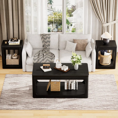 Modern 3-Piece Coffee Table Set with Side Tables, Rounded Edges & Storage for Living Room, Black