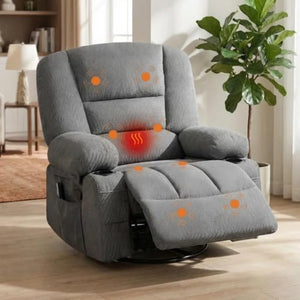 Oversized 360° Swivel Glider Recliner Chair with Massage & Heat – Wide Chenille Manual Recliner with Vibration Massage