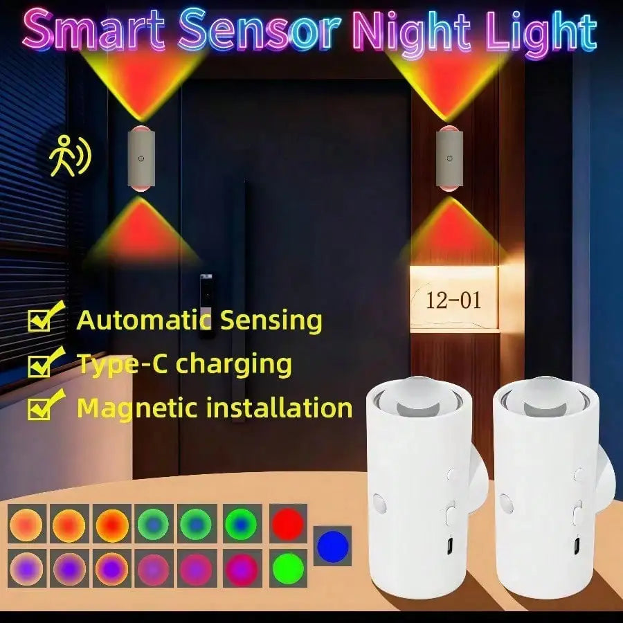 2 Pack Rechargeable LED Motion Sensor Night Lights, RGB Gradient Dimmable Wall Lamps with Remote Control