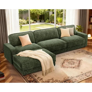 120-Inch L-Shaped Cloud Sectional Sofa with Ottoman – Oversized 4-Seater Deep Seat Chenille Couch, Green