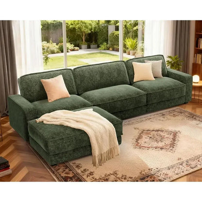 120-Inch L-Shaped Cloud Sectional Sofa with Ottoman – Oversized 4-Seater Deep Seat Chenille Couch, Green