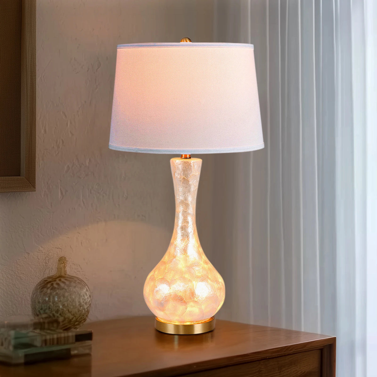 28-Inch Table Lamp with Shell Body, Linen Shade and LED Night Light, Bronze Base, Ships from USA