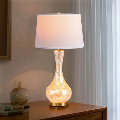 28-Inch Table Lamp with Shell Body, Linen Shade and LED Night Light, Bronze Base, Ships from USA