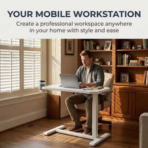 28/32-Inch Height Adjustable Overbed Table with Wheels & Cup Holder, Pneumatic Rolling Laptop Standing Desk for Home Office