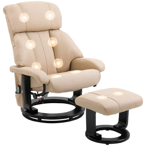 360° Swivel Massage Recliner Chair with Ottoman – 10-Point Vibration PU Leather Lounge Chair with Footstool & Remote, Beige