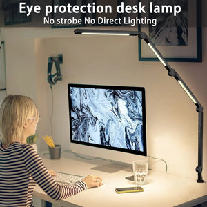LED Desk Lamp with Clamp, Flexible 4-Section Swing Arm, 3 Light Sources, 4 Color Modes and 5 Brightness Levels
