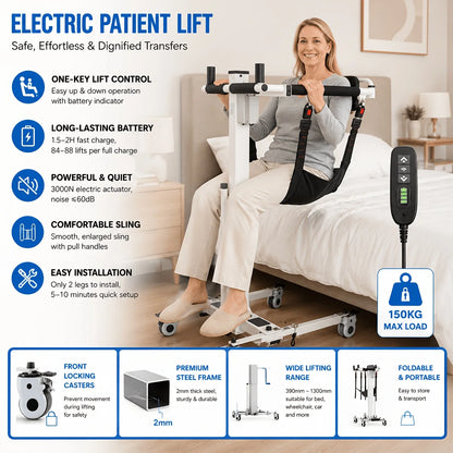 Electric Patient Transfer Lift – Foldable 330 lbs Capacity Lift with Sling & Locking Wheels