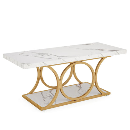 47.24" Rectangle Coffee Table with 2-Tier Storage, Faux Marble Wood Center Table for Living Room
