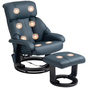 360° Swivel Massage Recliner Chair with Ottoman – 10-Point Vibration PU Leather Lounge Chair with Footstool & Remote, Blue
