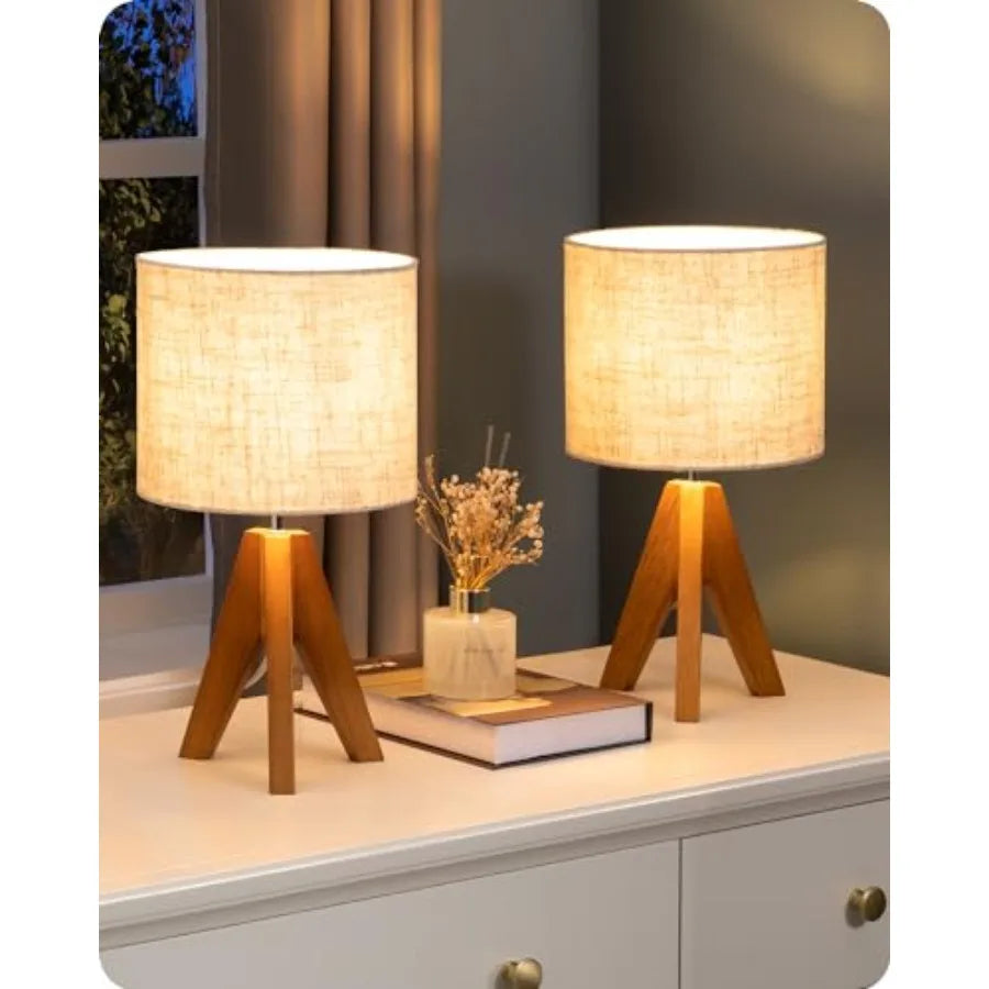 14.2-Inch Wooden Tripod Table Lamp with Linen Fabric Shade for Bedroom, Living Room and Office