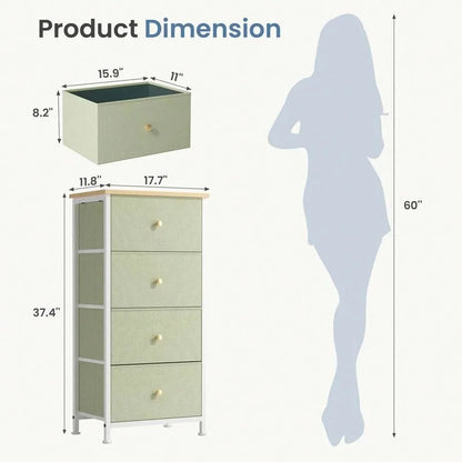 4-Drawer Fabric Nightstand with Removable Storage Bins, Steel Frame & Wood Top, Bedside Organizer for Bedroom & Living Room