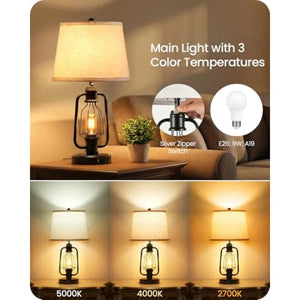 Farmhouse Table Lamps Set of 2 with USB Charging Ports, Rustic Industrial Bedside Lamps for Bedroom and Living Room