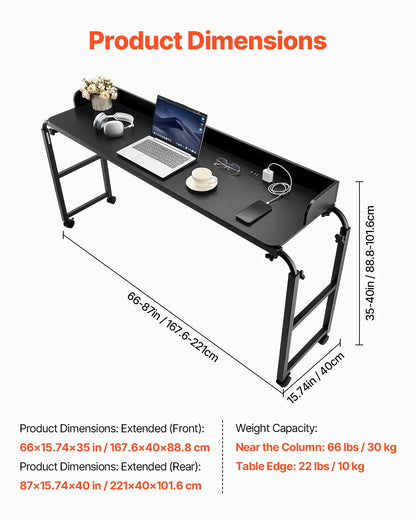 Height Adjustable Overbed Table with Power Socket & 4 Wheels, Mobile Rolling Bedside Laptop Desk for Home & Office