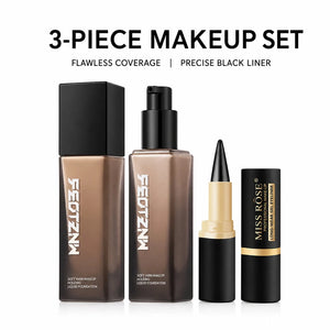 3-Piece Makeup Set, Full Coverage Matte Liquid Foundation & 2 Waterproof Black Gel Eyeliners