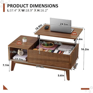 Fluted Lift-Top Coffee Table with Hidden Storage, Modern Living Room & Home Office Center Table