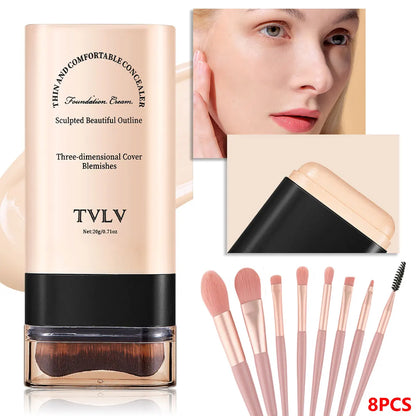 2-in-1 Foundation & Concealer Stick with Built-In Brush and 8-Piece Makeup Brush Set, Lightweight Coverage