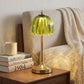 Vintage Glass Table Lamp with Green Pleated Shade, Gold-Tone Finish, Rechargeable LED, 3 Light Modes and Touch Control