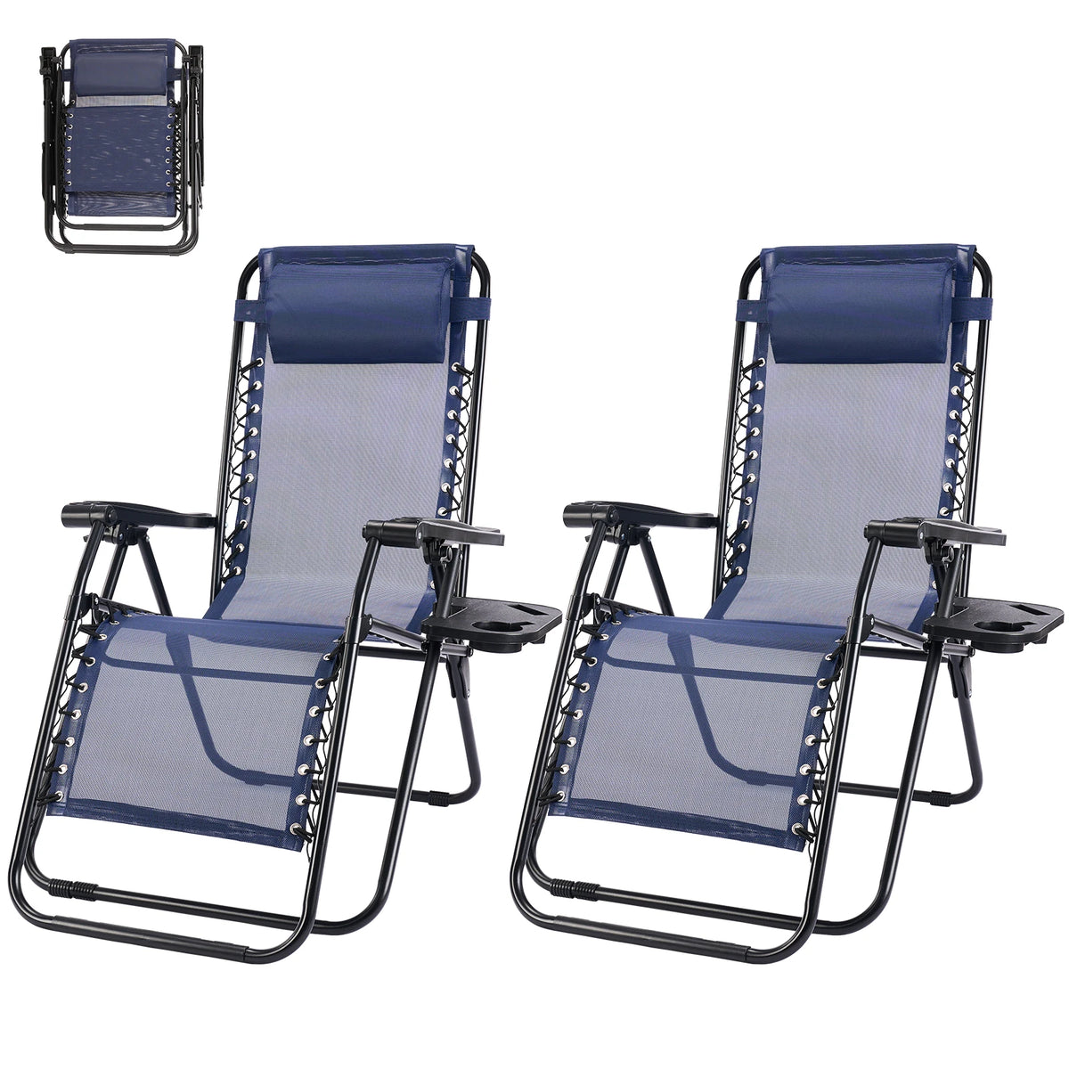 Set of 2 Outdoor Zero Gravity Reclining Chairs – Folding Patio & Camping Lounge Chairs with Cup Holders & Adjustable Pillows