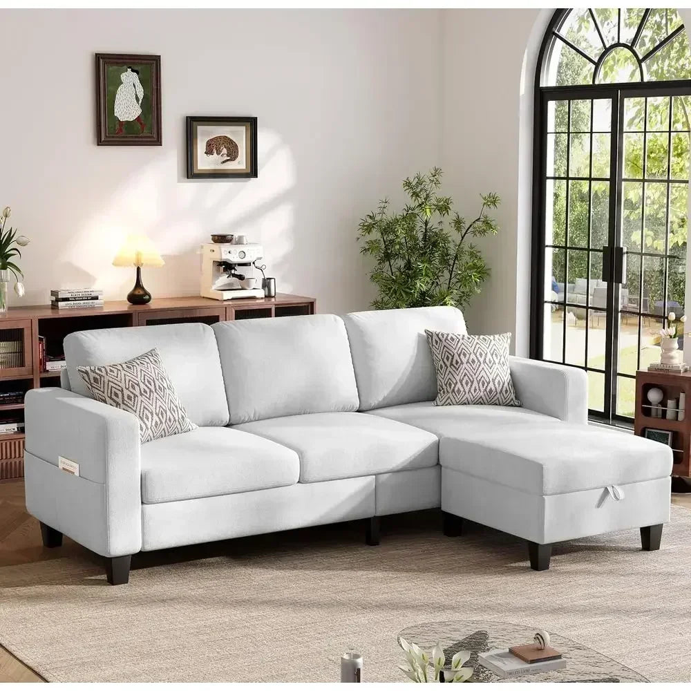 78-Inch L-Shaped Sectional Sofa – 3-Seat White Velvet Couch with Movable Ottoman for Living Room & Small Spaces