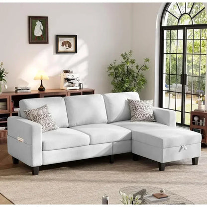 78-Inch L-Shaped Sectional Sofa – 3-Seat White Velvet Couch with Movable Ottoman for Living Room & Small Spaces