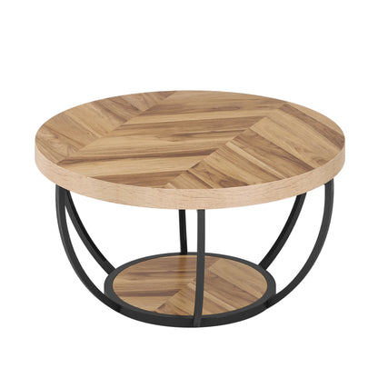 31.7" Round 2-Tier Coffee Table with Storage Shelf, Industrial Wood Center Table for Living Room